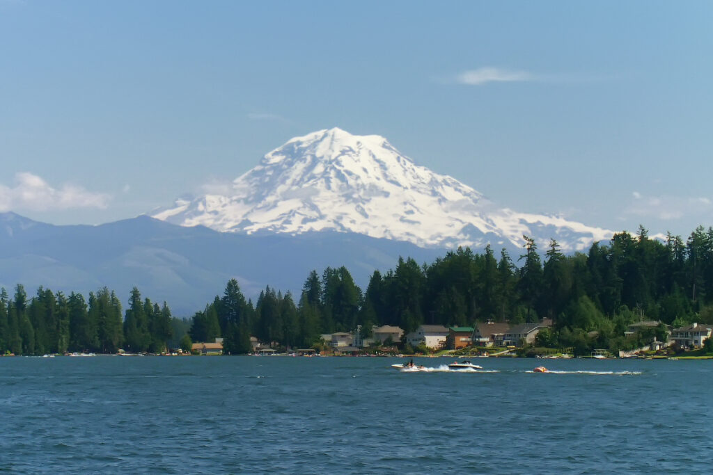 Mount Rainier and Lake Tapps.